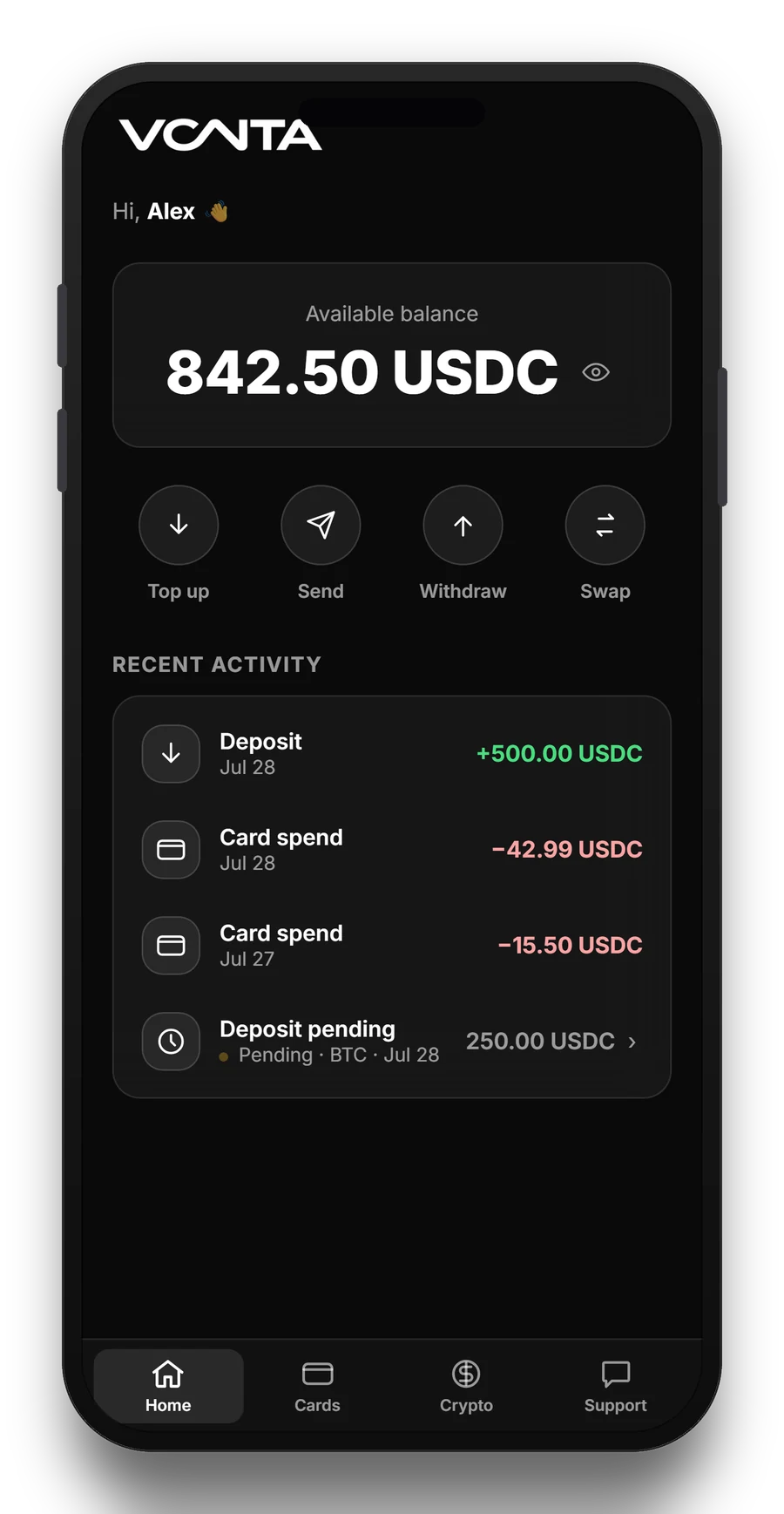 VantaCard dashboard showing balance and recent activity